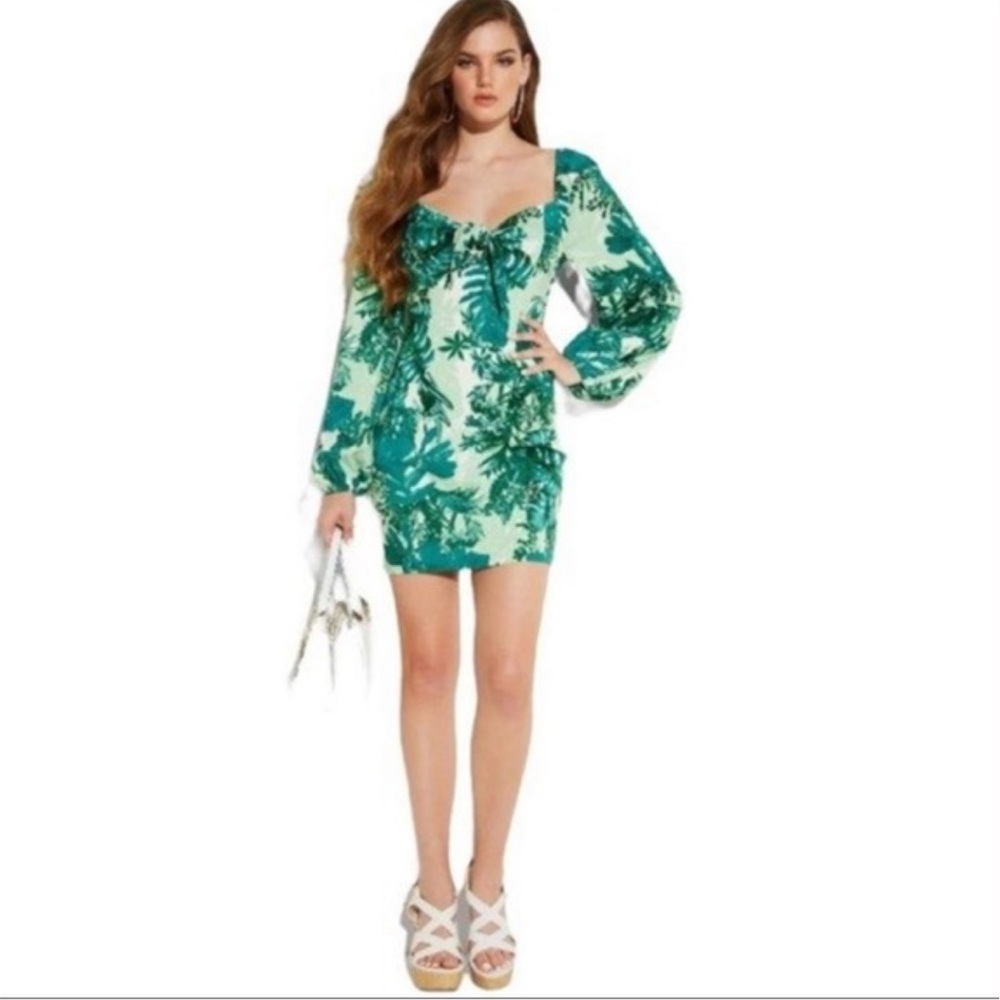 NEW Guess Botanic Jungle Escape Tropical Green Long Sleeve Stretchy Mini Dress